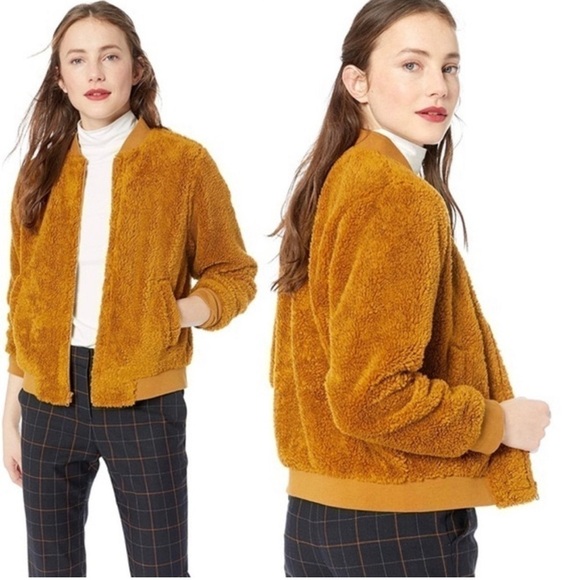 J.Crew Mercantile Goldenrod Women's Teddie Sherpa Bomber Jacket Medium - Picture 2 of 8